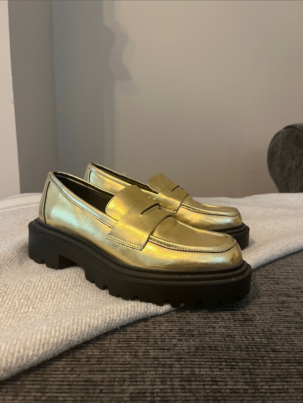 stradivarius Metallic Gold Penny Loafers